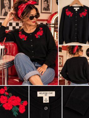 Melrose Chic NY Black Cardigan with Red Rose Embroidery Size M